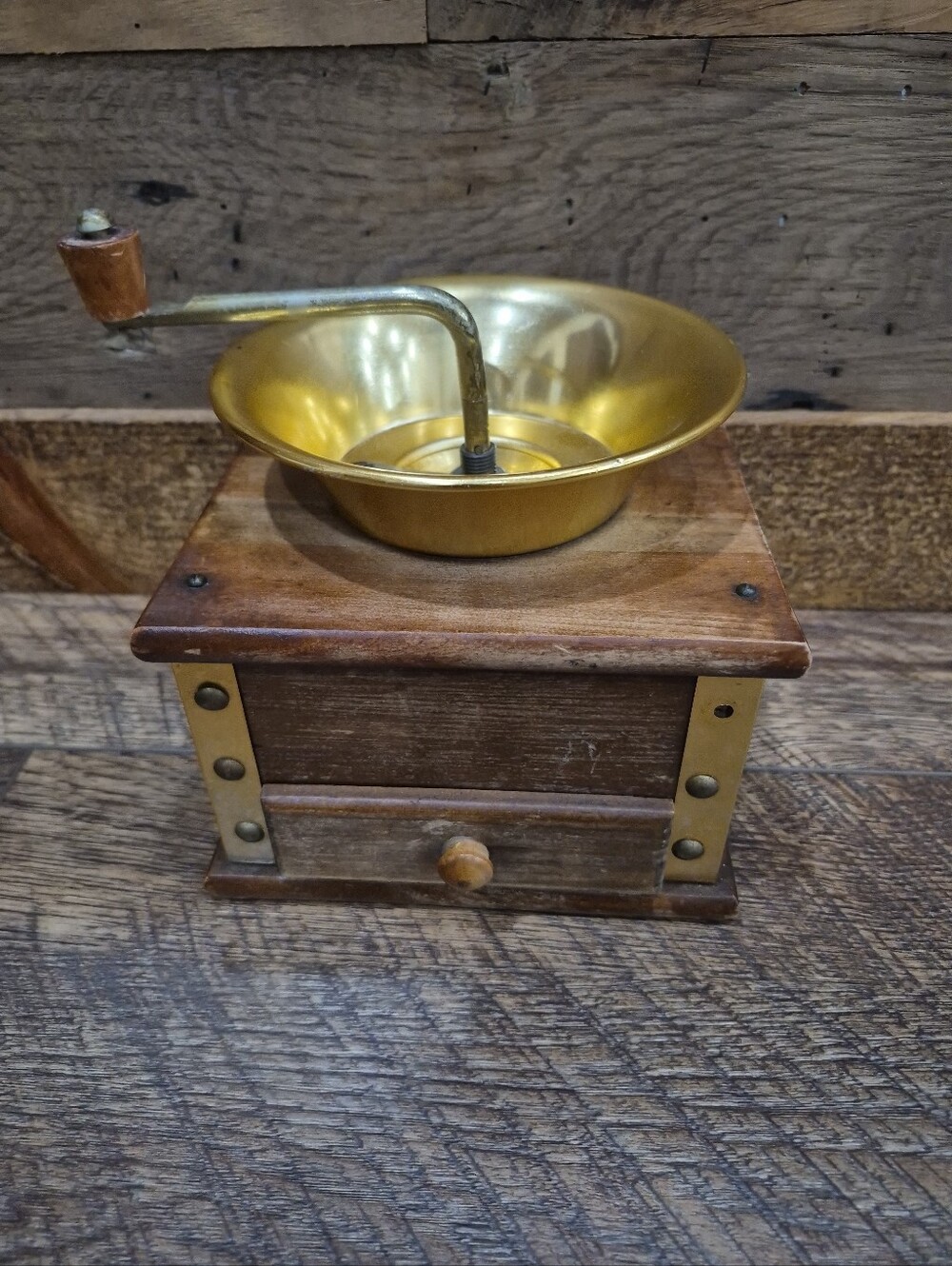 Vintage Old Americana Gold Tone Aluminum & Wood Coffee Grinder Mill Manual Crank
